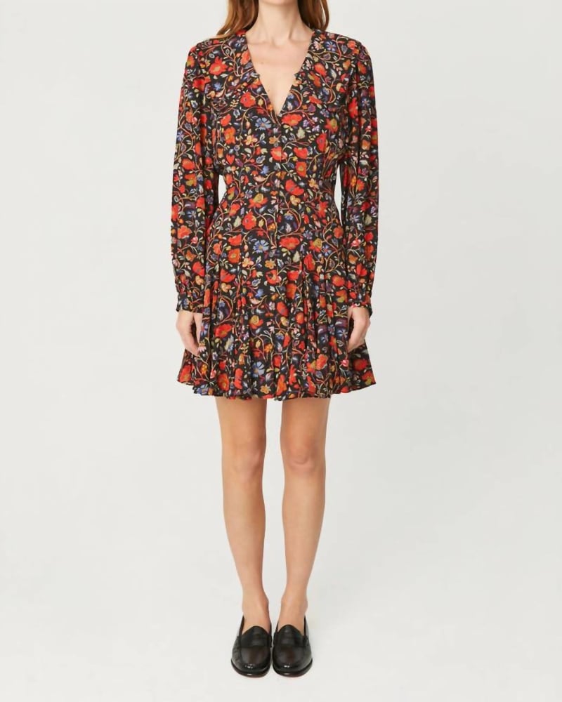 Front of a model wearing a size 10 Resort Wendy Dress In Black Vichy Rose Mini in Black Vichy Rose Mini by RHODE. | dia_product_style_image_id:358328